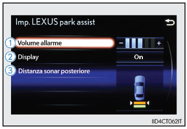 Impostazione del sensore di assistenza al parcheggio Lexus (veicoli con impianto display audio Lexus o sistema di navigazione)