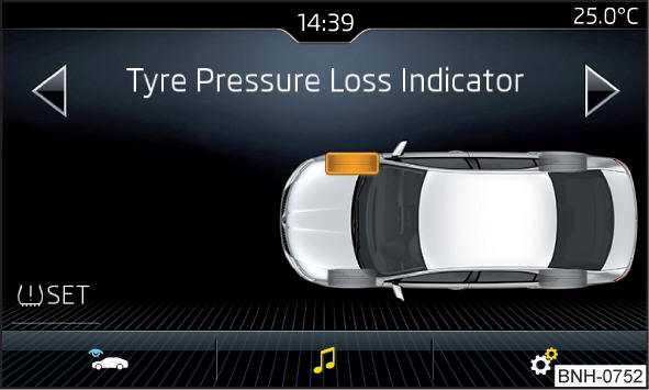 Tasto per la memorizzazione dei valori di pressione / esempio di visualizzazione sullo schermo: il sistema presenta una variazione di pressione sui pneumatici anteriori a destra