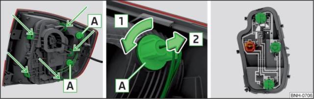 Fig. 273 Parte esterna delle luci / estrazione lampadina / portalampada